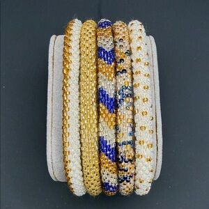 Sashka Co. Set of 5 Elegant Hand Beaded Bracelet Set - Gold, Blue, White